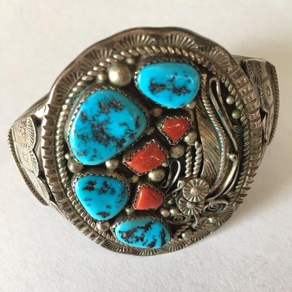 Vintage Native American Turquoise Coral Sterling Silver Cuff Bracelet - Picture 7 of 16